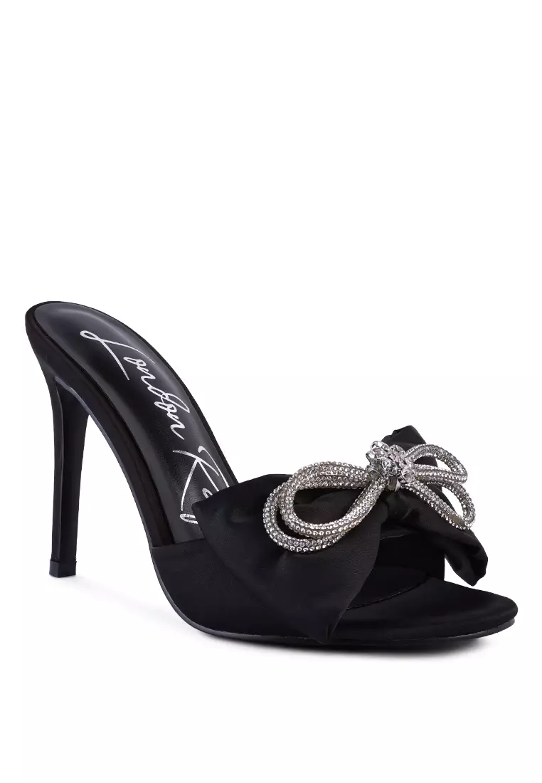 Crystal Bow Satin High Heeled Sandals in Black
