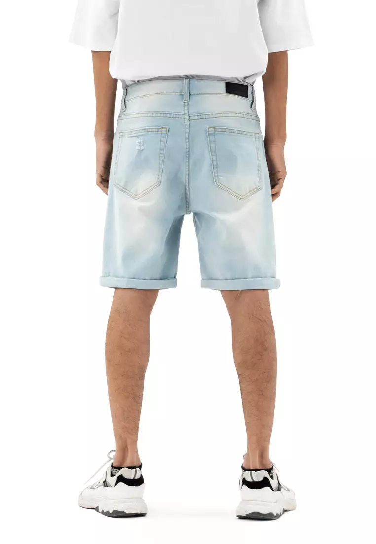 DRUM Classic Ripped Details Short Jeans-Light Blue