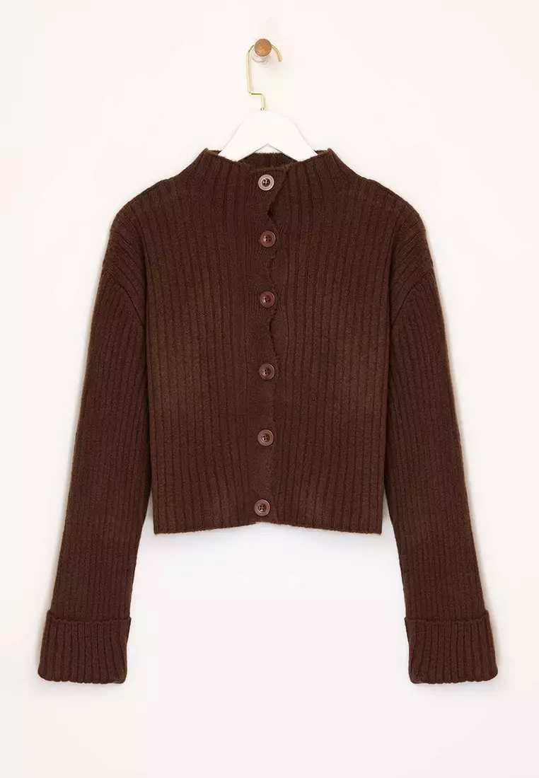 Brown Crop Soft Textured Stand Collar Knitwear Cardigan