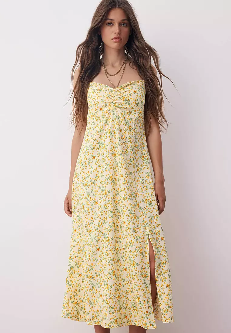 Yellow Floral Midi Woven Dress Tedss25El1