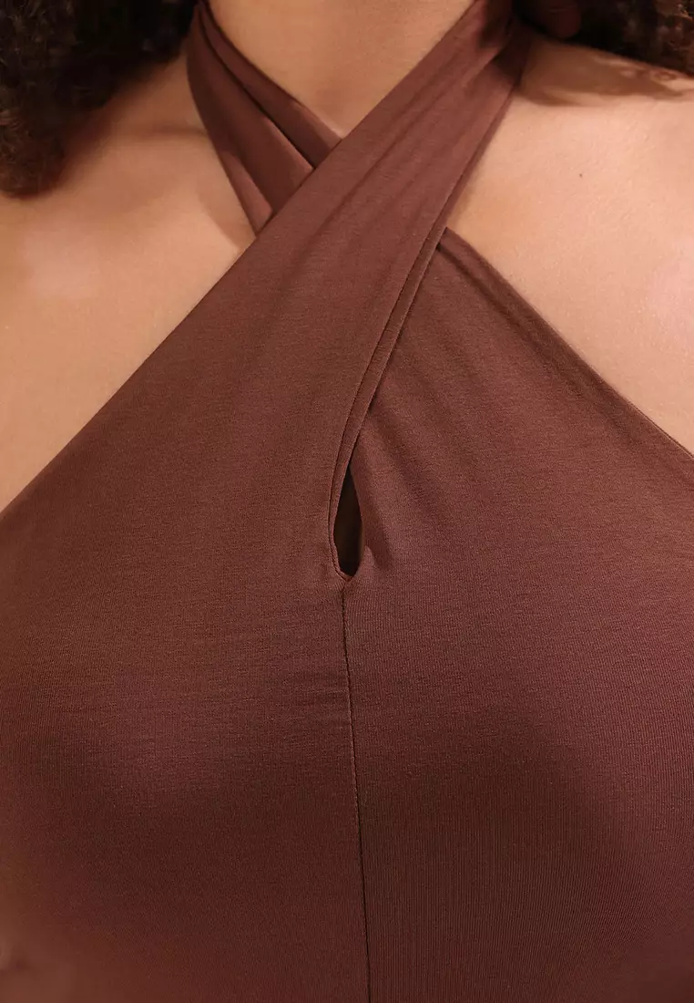 Brown Single Jersey Neck Knitting Plus Size Blouse TBBSS25AF00009