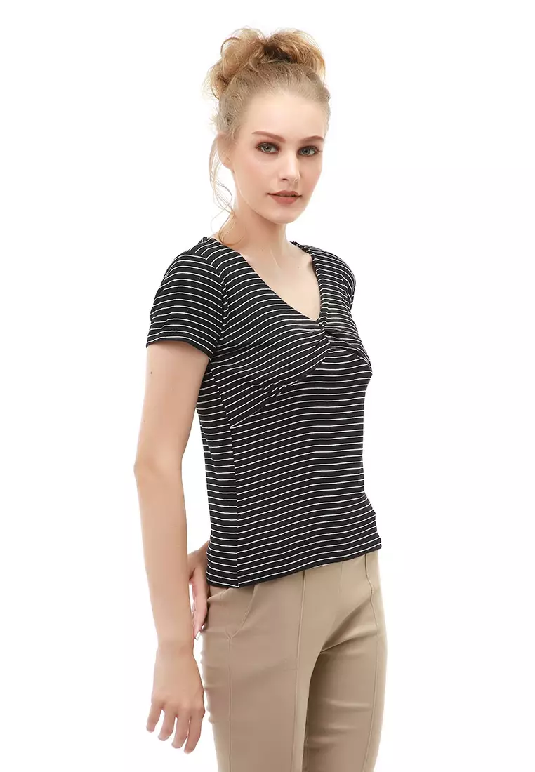 Genevie Blouse Kasual Wanita Lengan Pendek Model Salur Variasi Kerut Tengah Material Cotton ORIGINAL - Black