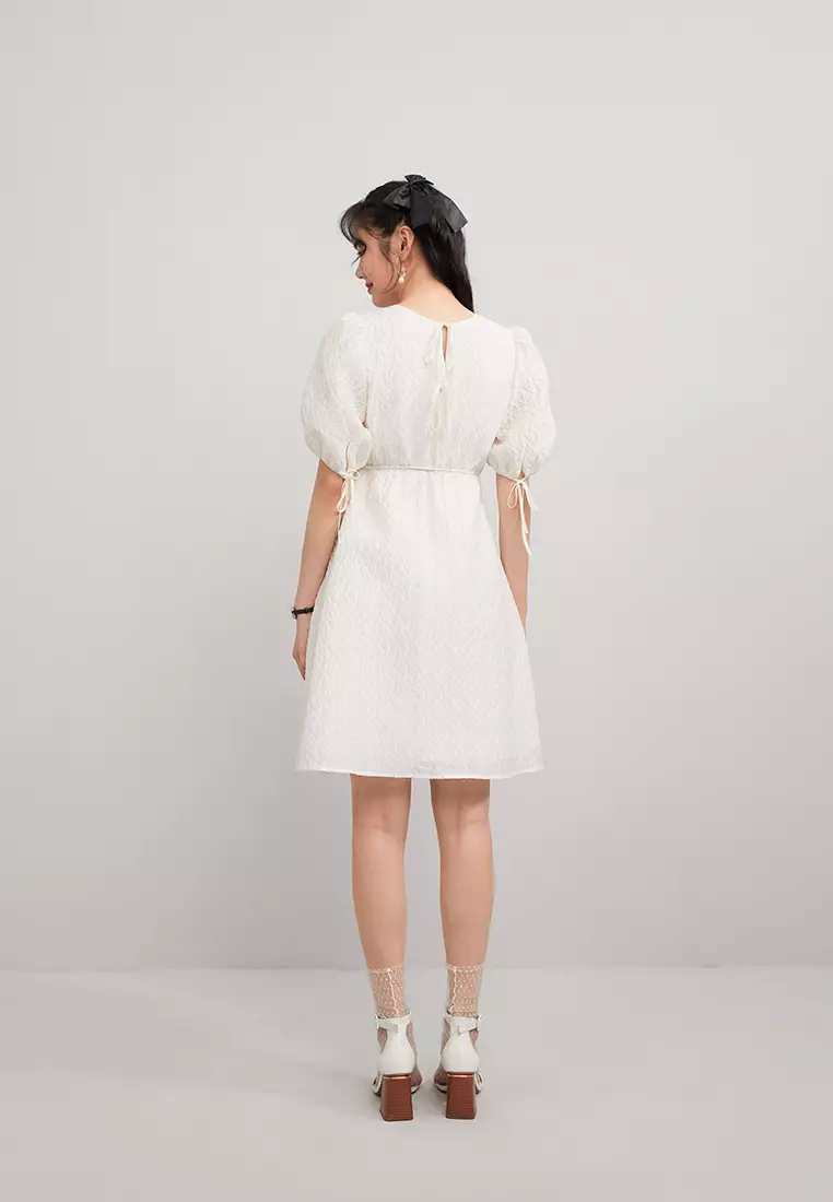 Puff Sleeve Floral Embossed Mini Dress