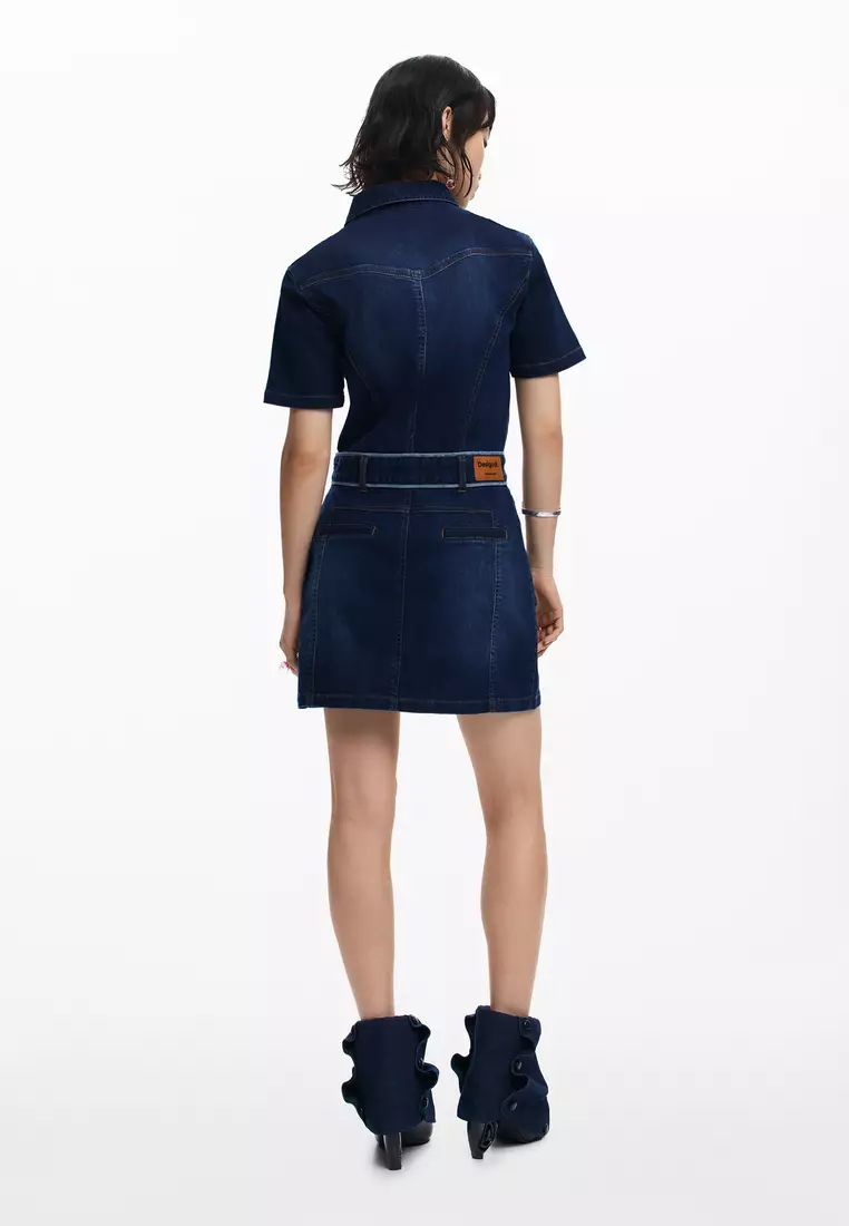 Denim mini dress with belt