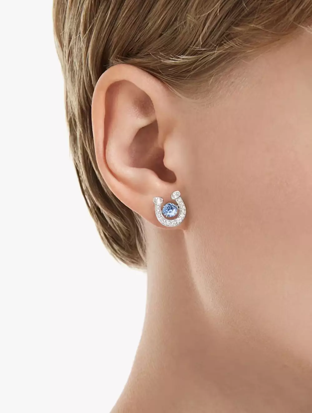 Symbolica stud earrings, Round cut, Pavé, Horse shoe, Blue, Rhodium plated
