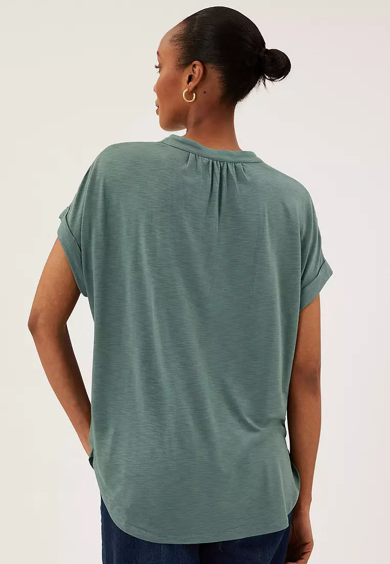 Jersey V-Neck Short Sleeve Popover Blouse