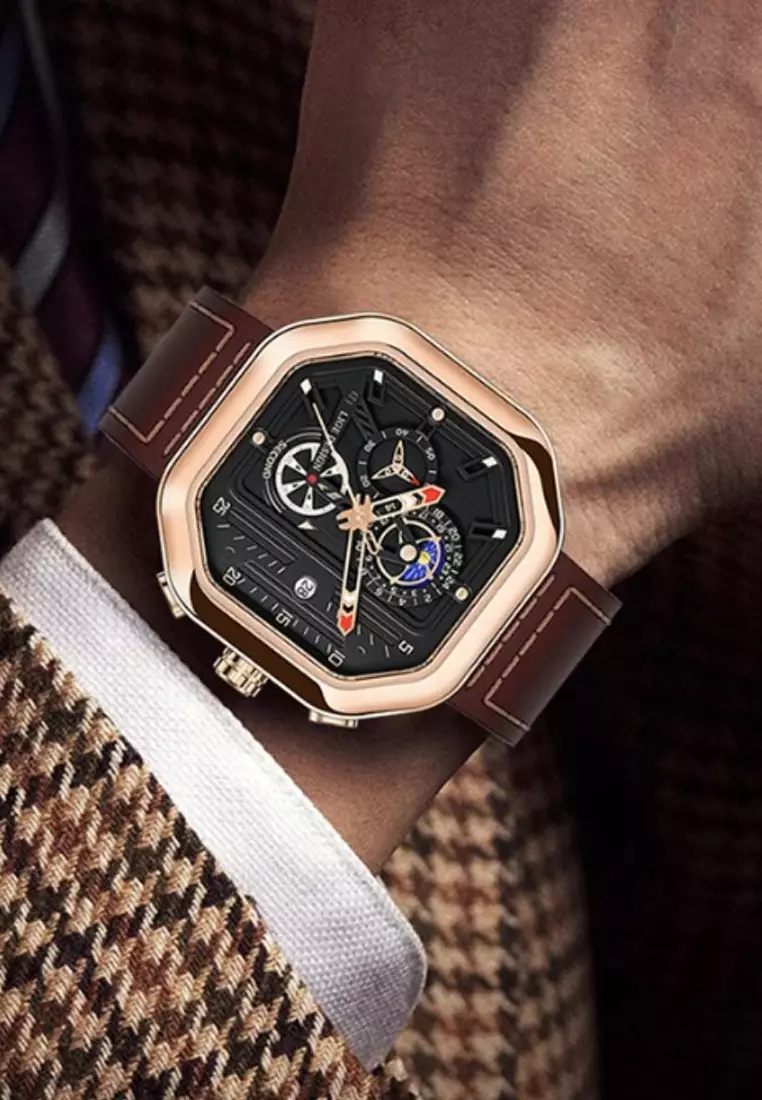 Unisex Chronograph Octogonal IP Pink Steel Quartz Watch on brown leather strap