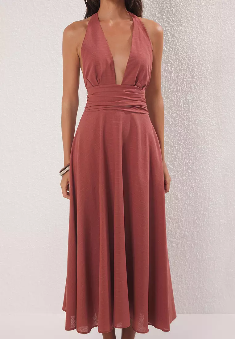 Brown Woven Midi Halter 100% Cotton Beach Dress Tbess25El00129