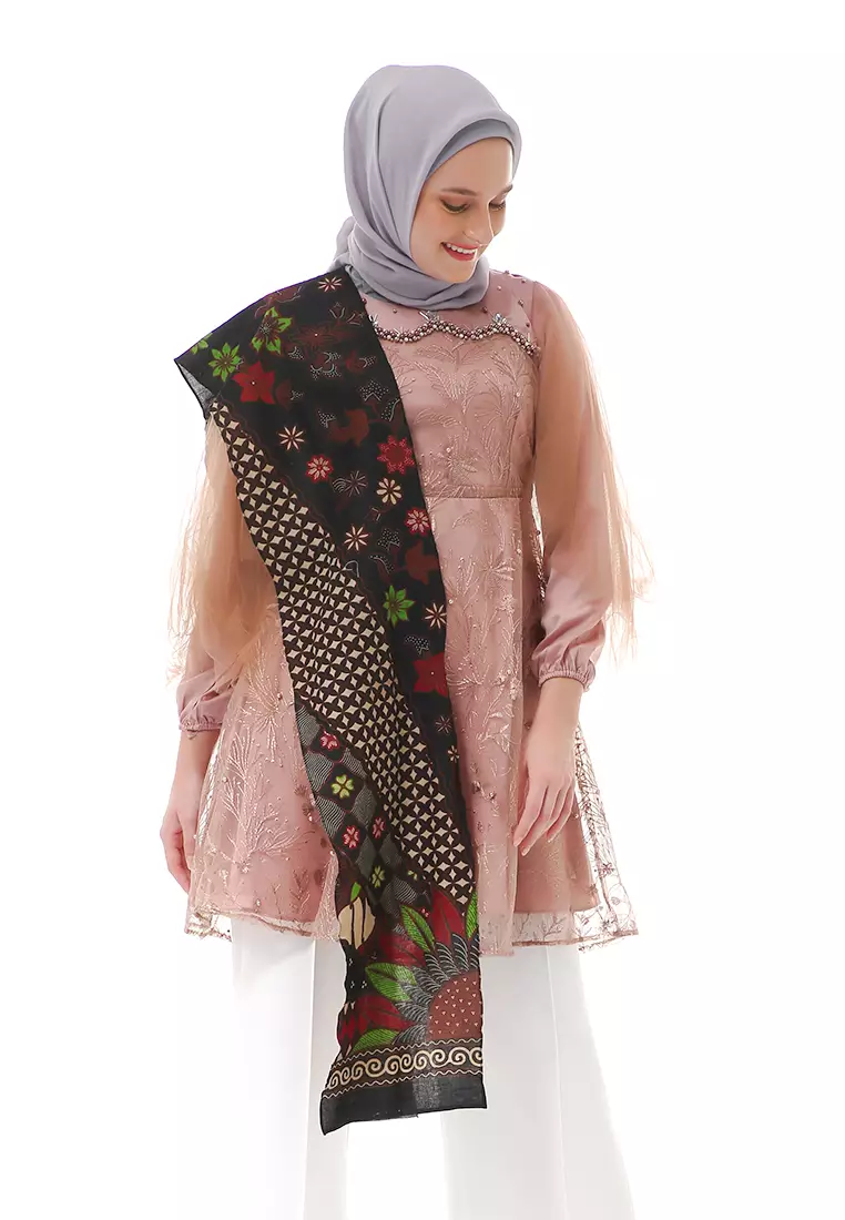 Tunik Long Slevee Motif Batik Atasan Wanita Stlye Premium High Quality - Brown