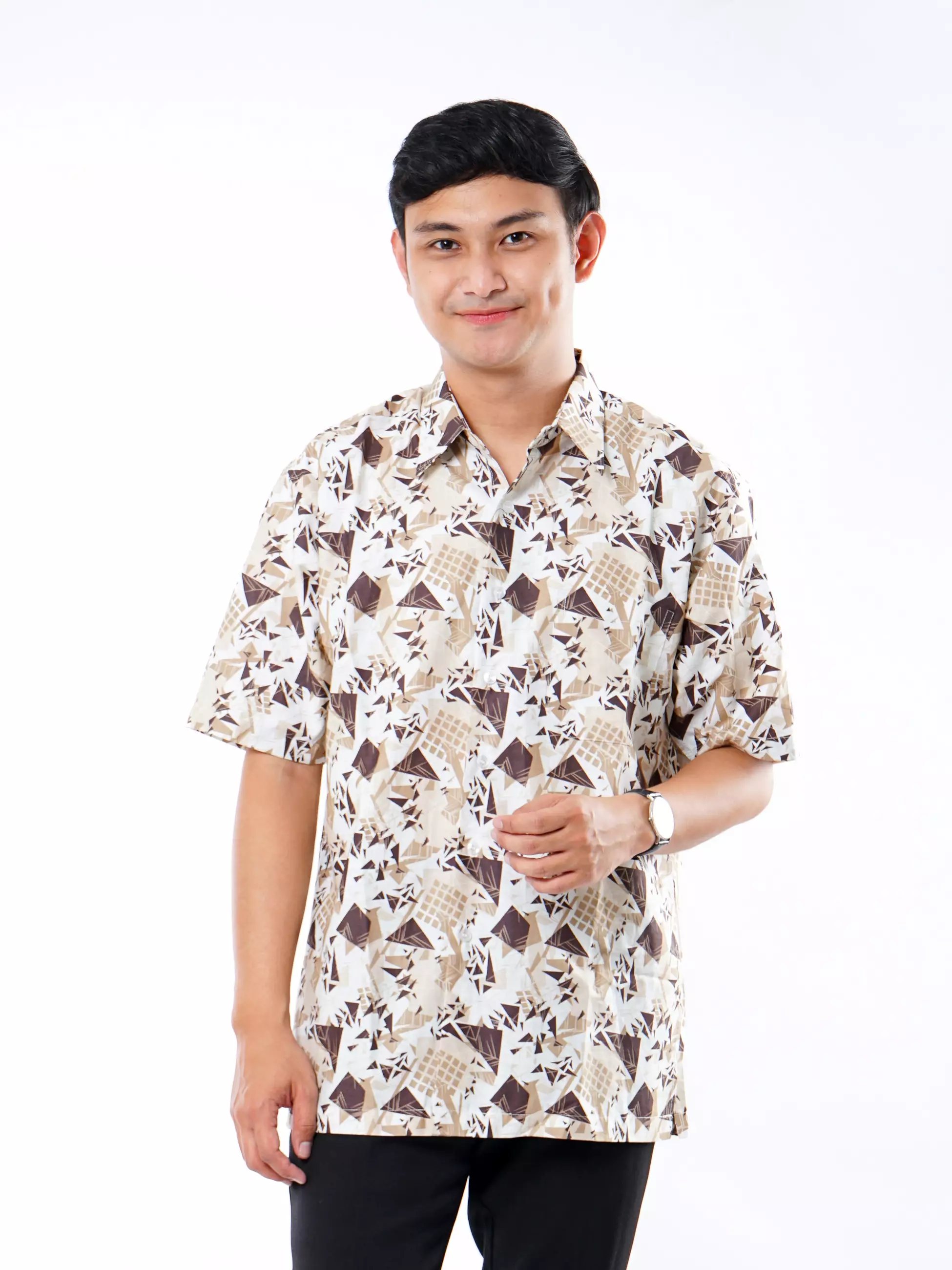 Andre Michel Kemeja Lengan Pendek Motif Abstrak Putih Cokelat 16726