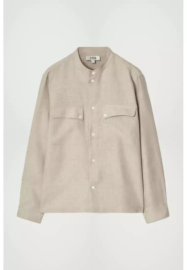 GRANDAD-COLLAR LINEN OVERSHIRT