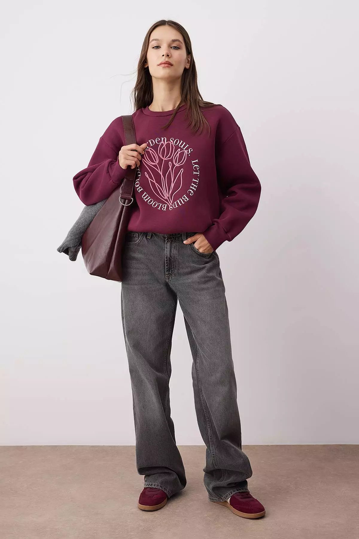 Plum Oversize/Wide Pattern Embroidery Detailed Thick Inside Polar Fleece Knitted Sweatshirt