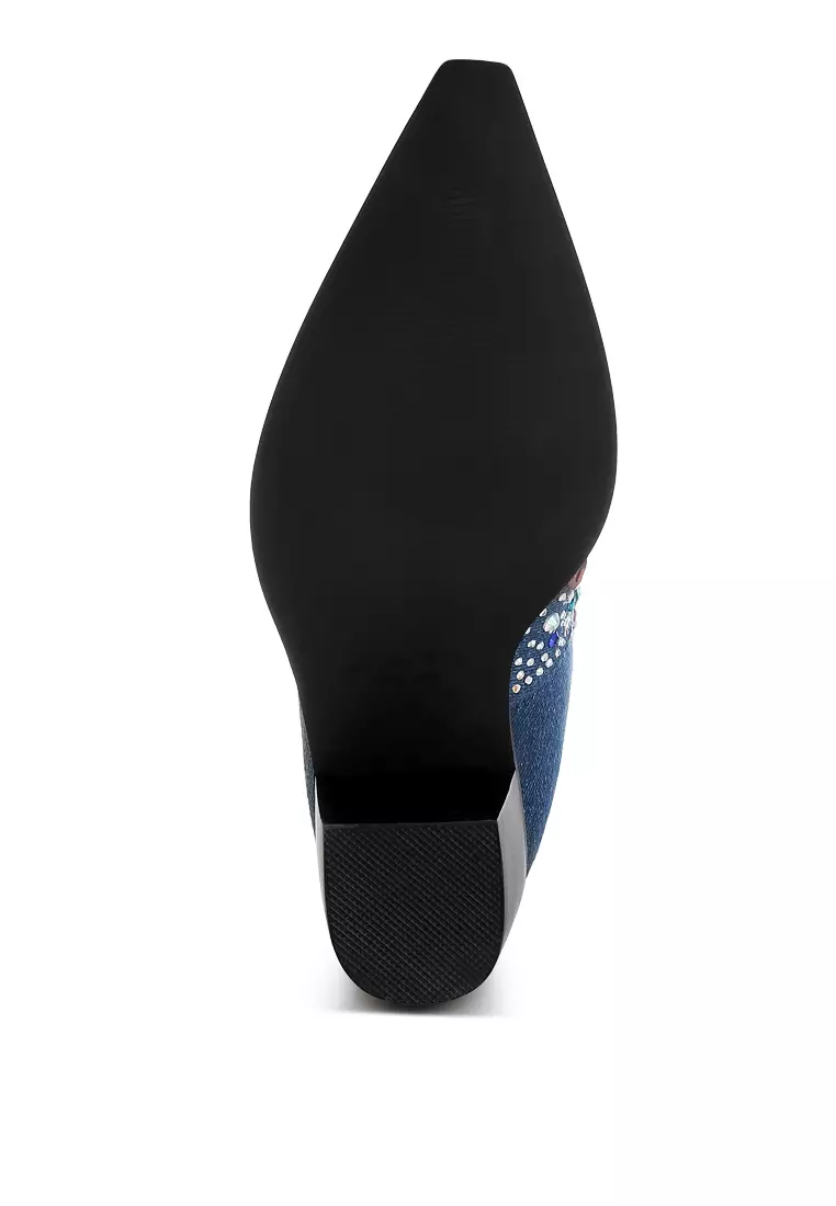Multi Color Stones Embellished Boots in Dark Blue