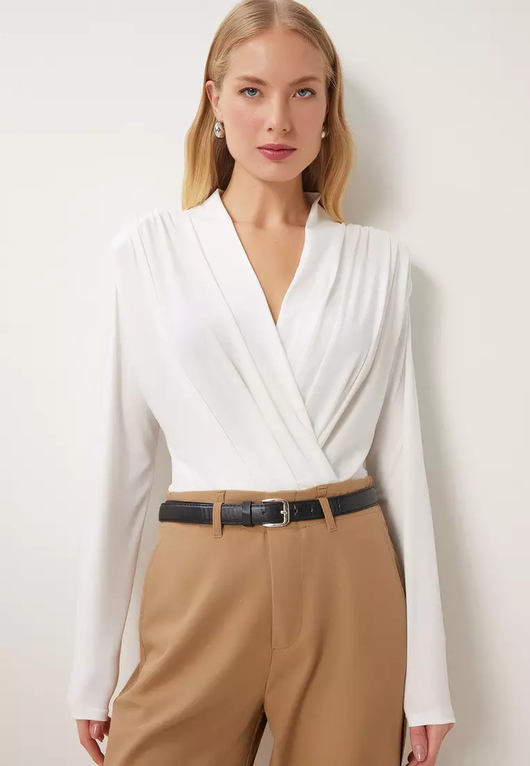 Wrap Collar Padded Snap Sandy Blouse