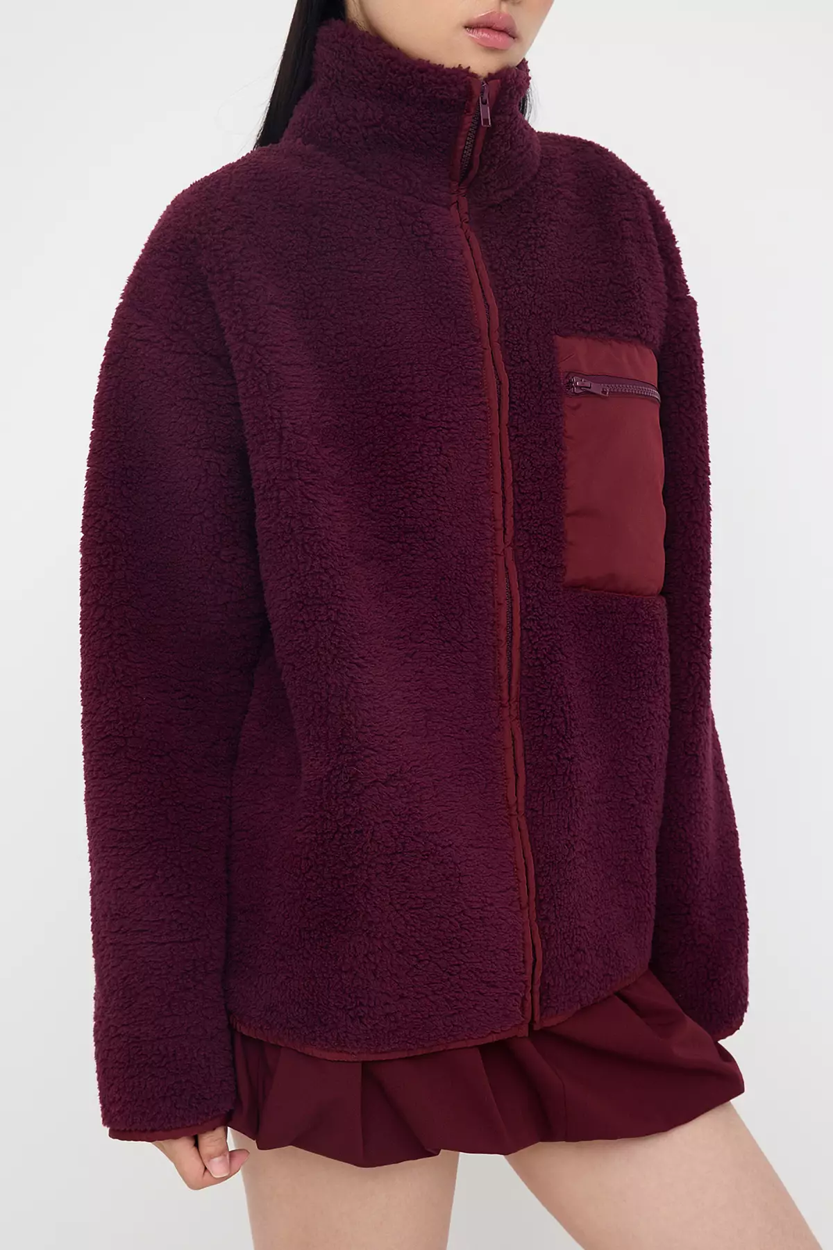 Winter Essentials Plum Fleece Zippered Stand-Up Collar Pocket Detailed Knitted Sweatshirt Twoaw24Sw00071