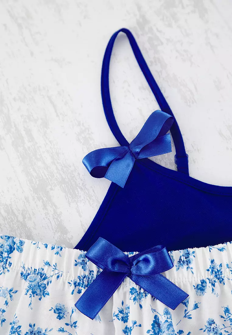 Blue Floral Ribbon/Bow Knitted Pajama Set with Rope Suspender Shorts THMSS24PT00320