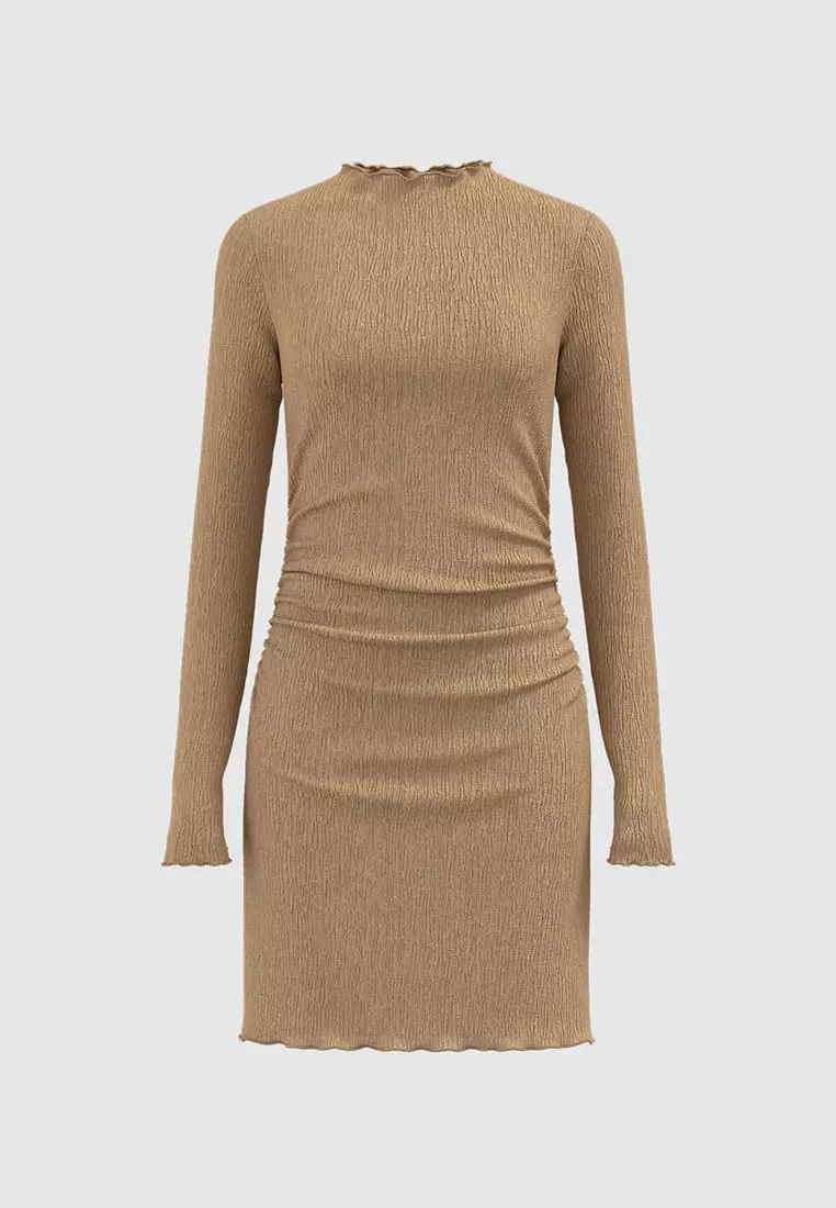 UR秋季新款女装肌理感褶皱收腰修身长袖连衣裙UWM740011