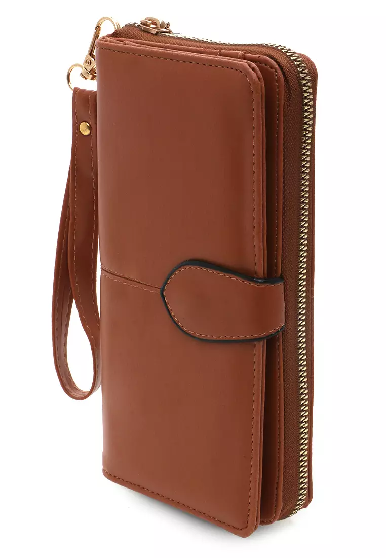 Dompet Leather Wanita Design Casual Long Wallet Soft Large Capacity Free Tali Tangan - Coklat List Hitam