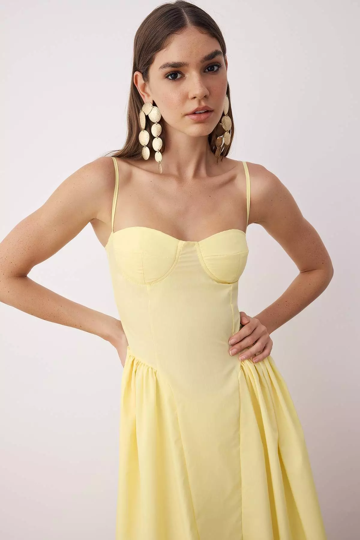 Yellow A-Line Poplin Woven Midi Dress