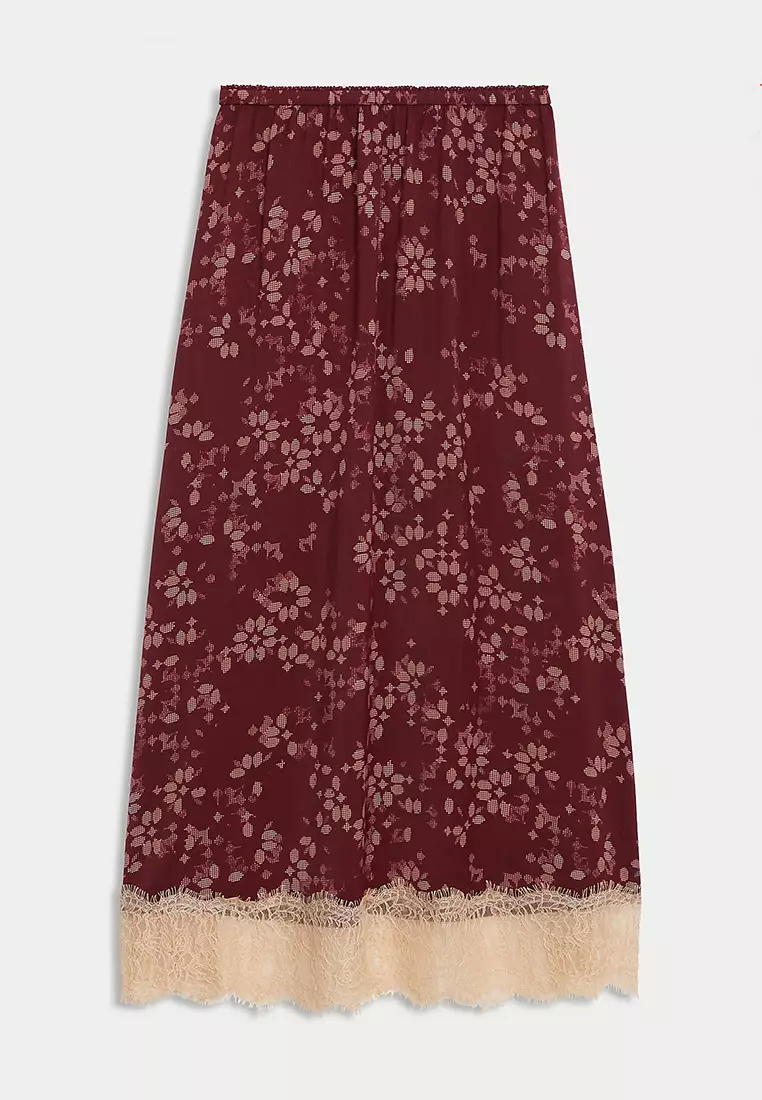 Satin Geometric Lace Detail Midaxi Slip Skirt