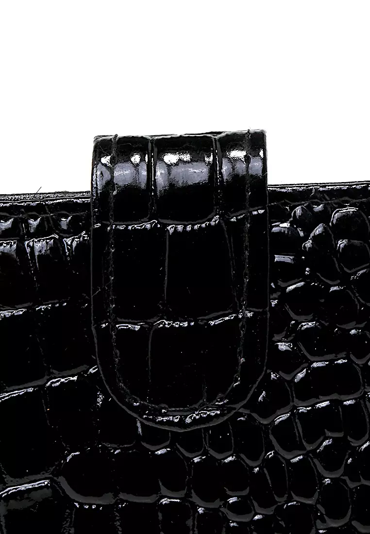 Dompet Kartu Motif Croco Detail Snap Kancing Card Wallet Wanita - Hitam