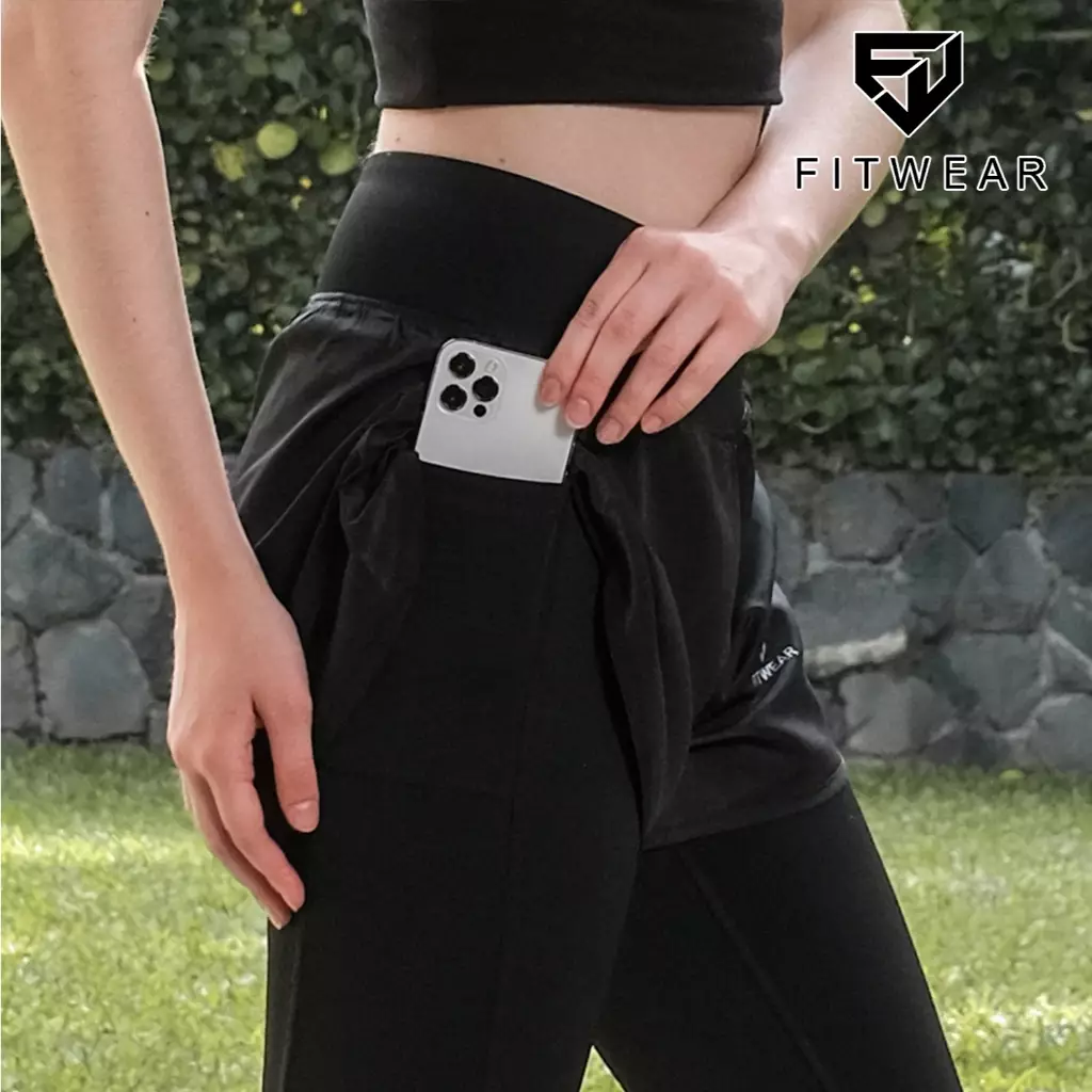 Fitwear - Celana Pendek + Legging Olahraga Wanita Big Size CINDY CROSS WAIST - BLACK