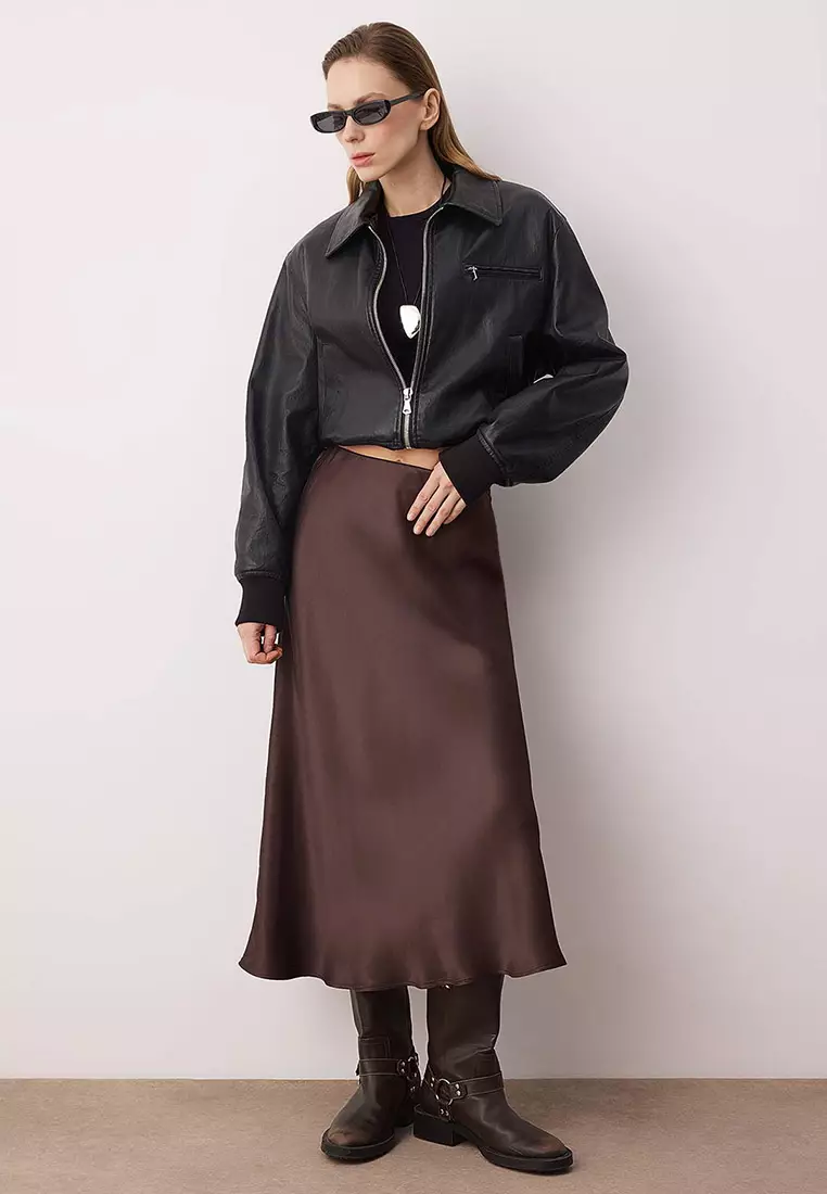 Brown Satin A-Line/Trumpet Midi Skirt Twoaw26Et163