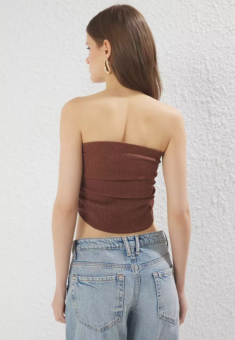 Brown Pink Strapless Pleated Flexible Knitted Blouse TWOSS24BZ00216