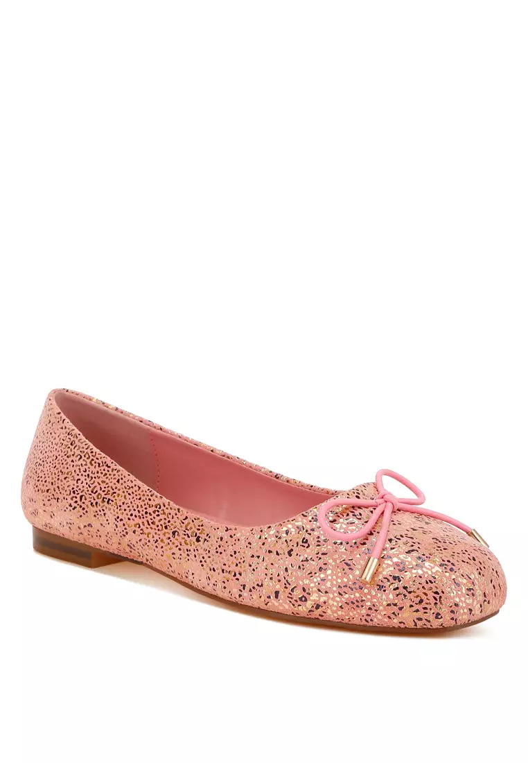 Bow Detail Embossed Suede Ballerinas Pink