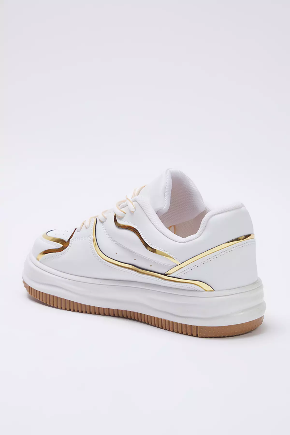 白色金屬感金色細節綁帶女士運動鞋 Takss25Sn00036