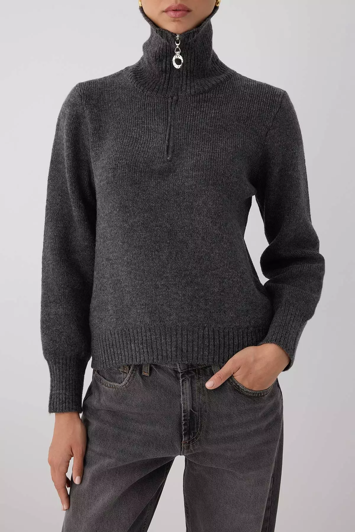Anthracite Wool Premium Yarn/Special Yarn Zippered Basic Knitwear Sweater