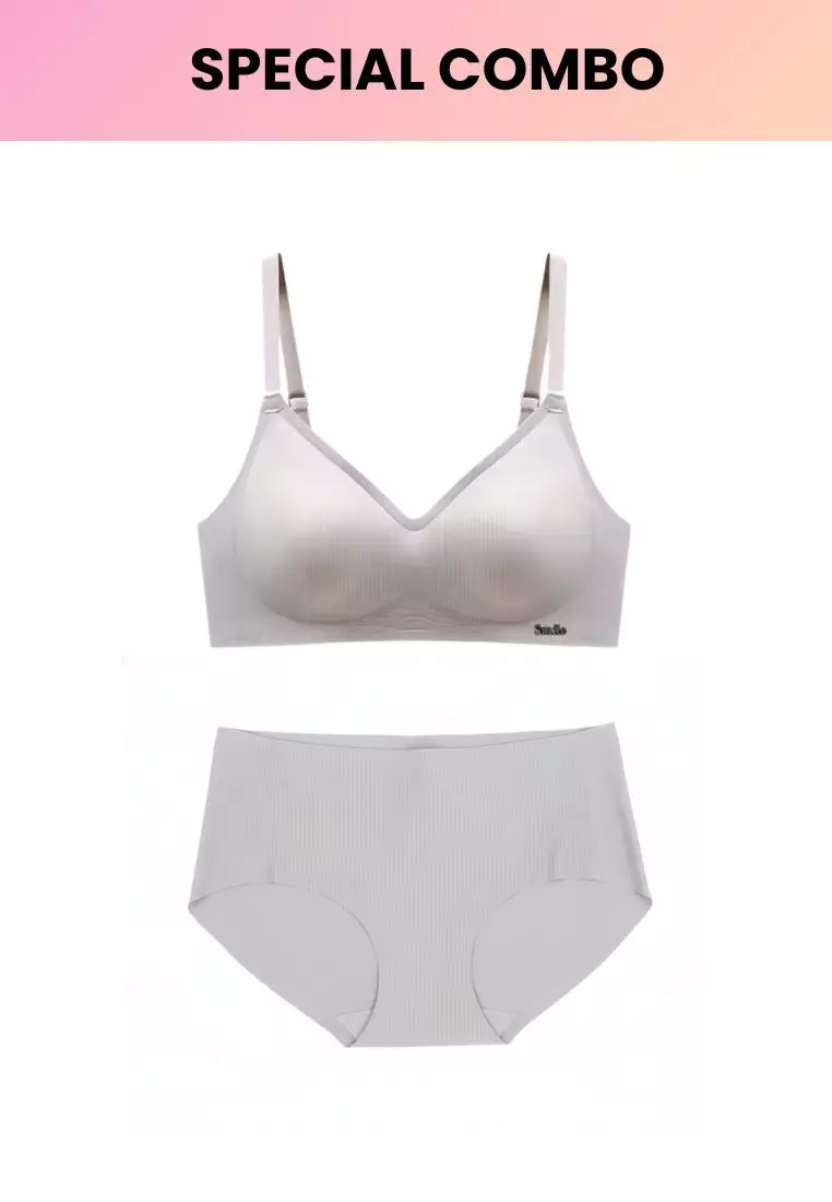 Special Bundle Premium Melanie Seamless Wireless Padded Support Bra in Light Grey and Dayana Panty in Grey