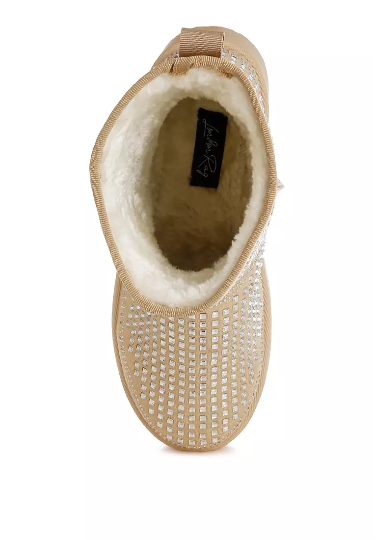 Chunky Rhinestones Ankle Boots in Beige