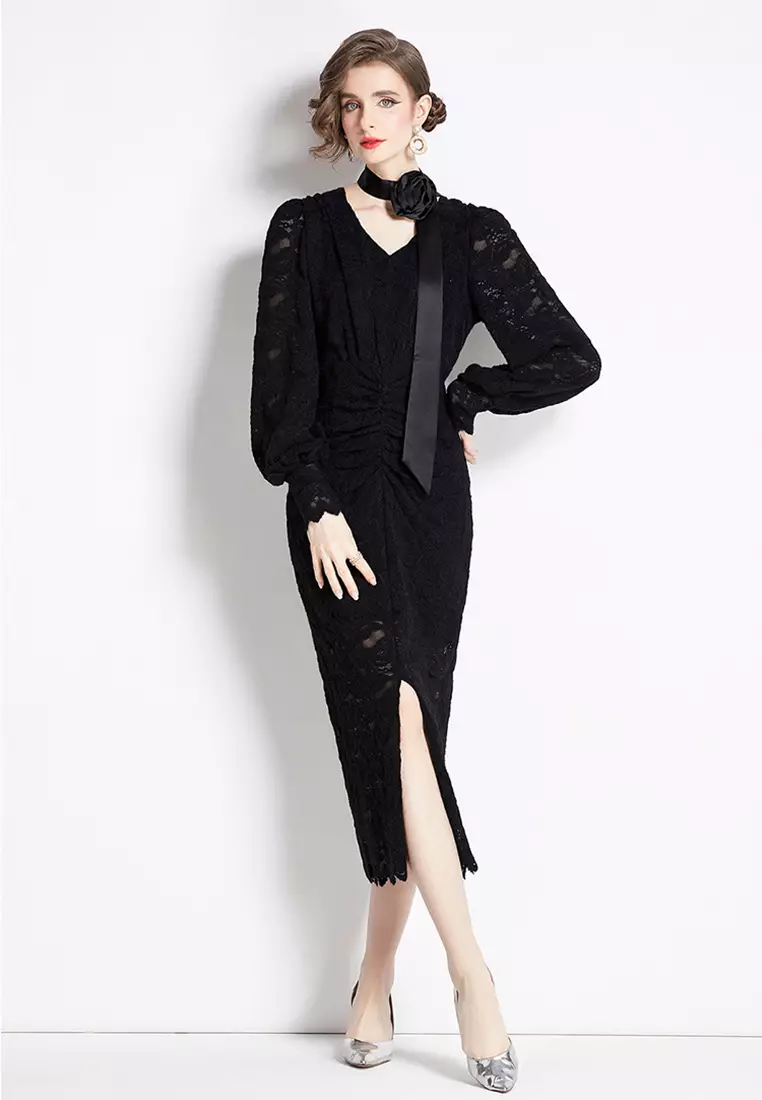 Buy Sunnydaysweety 2024 new lace slim fit dress CA24073110BK 2024 ...