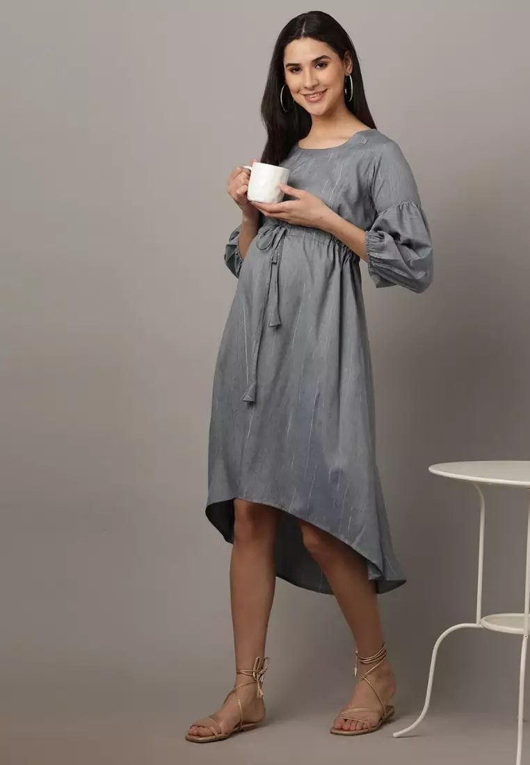 Arona Grey Shimmer Stripes Maternity And Nursing Dress