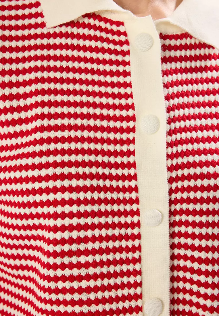 Red Polo Collar Striped Blouse Twoss25Bz00183