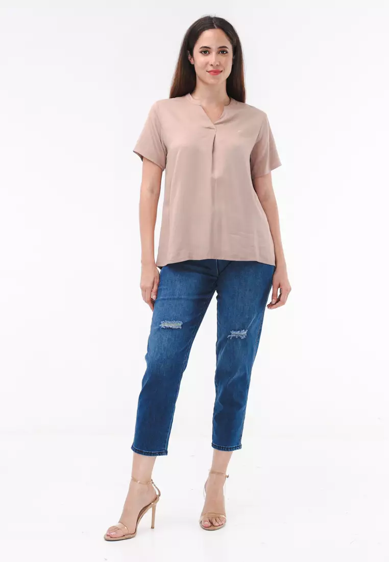 Plain Single Bold Twill Short Sleeve Blouse