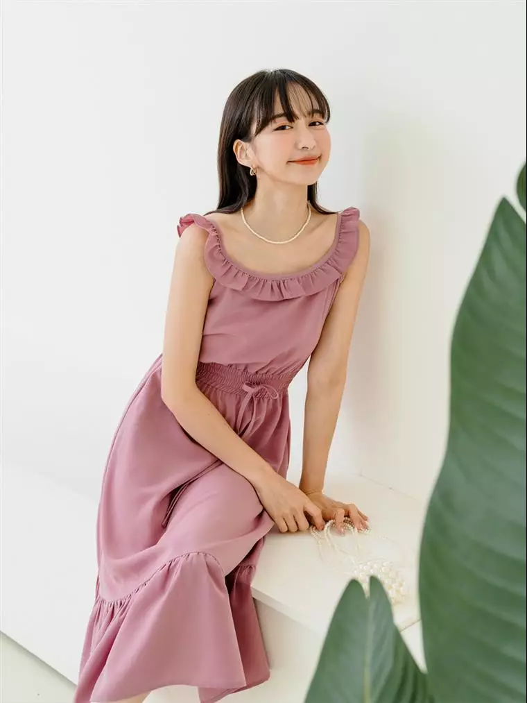Frill Neck Tie Waist Long Dress [DA9764]