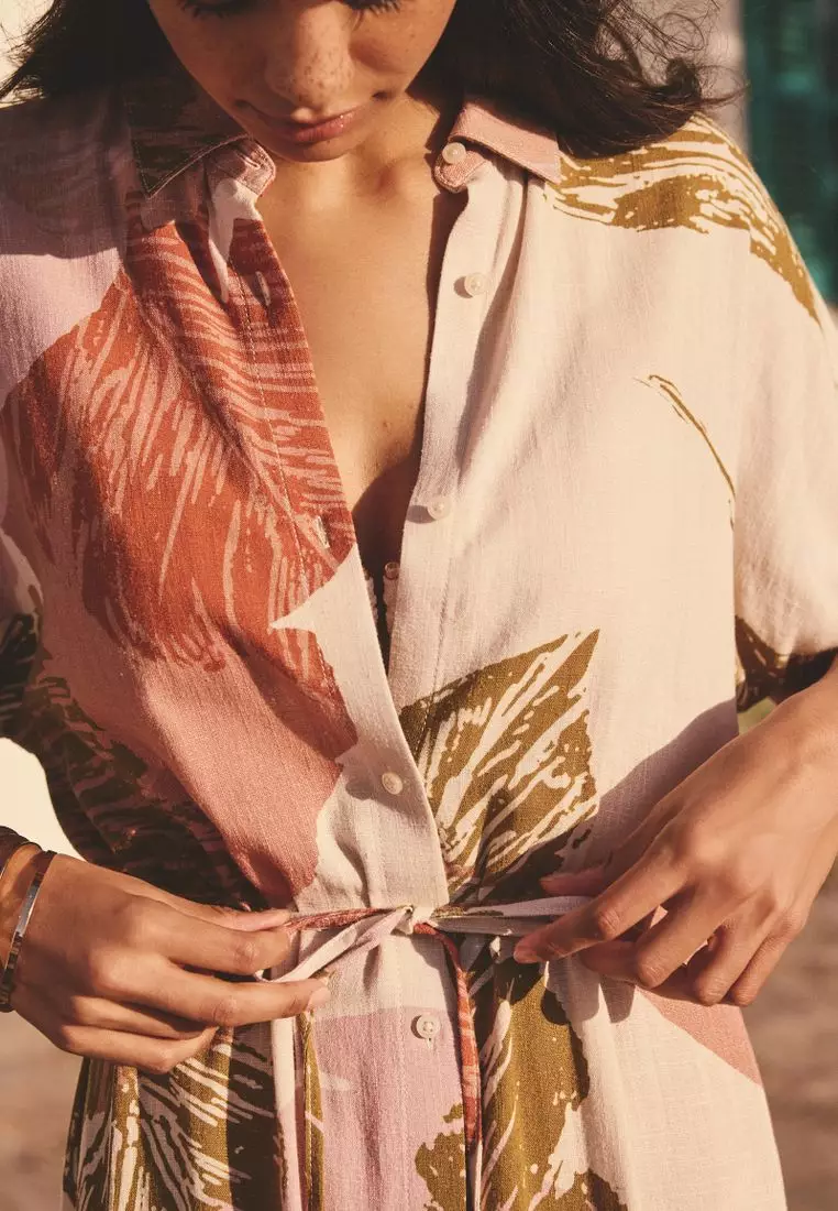 Short Sleeve Tie Waist Midi Shirt Dress with Linen