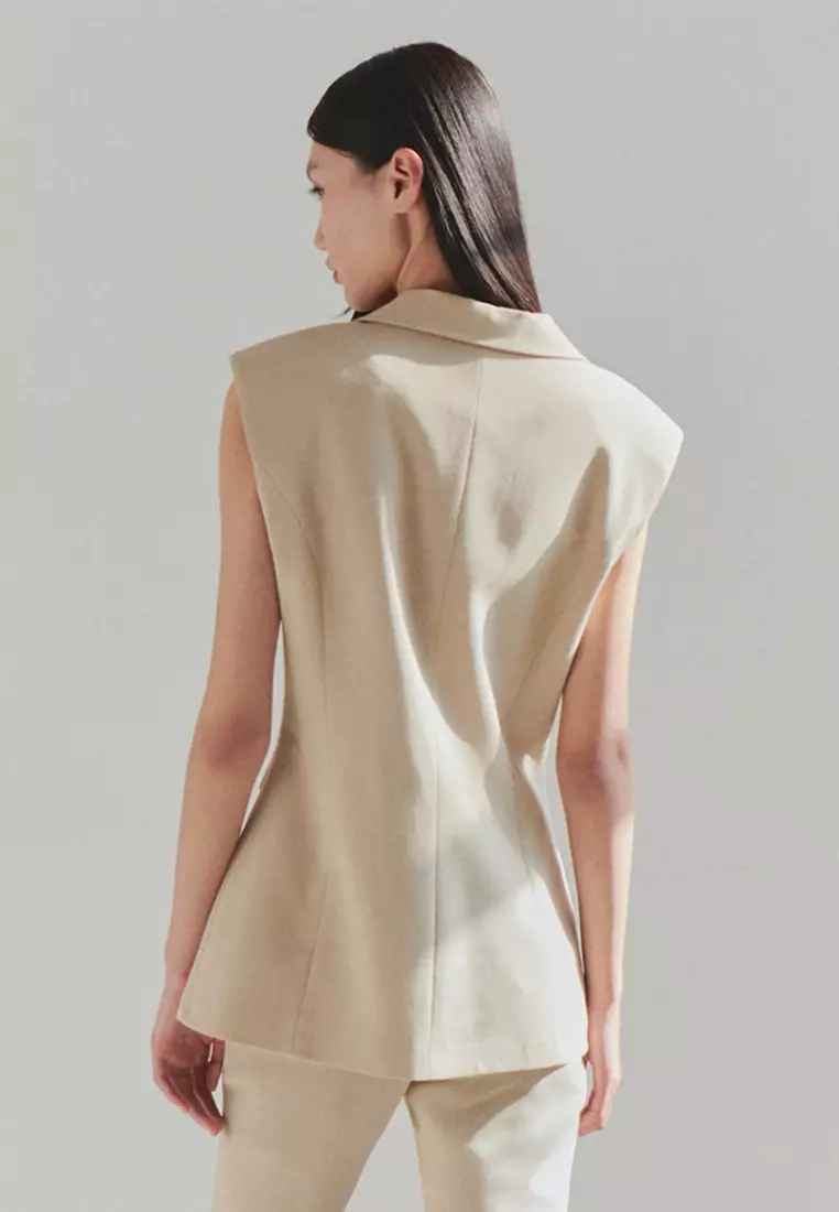 Light Beige Fitted Sleeveless Jacket Buttoned Vest