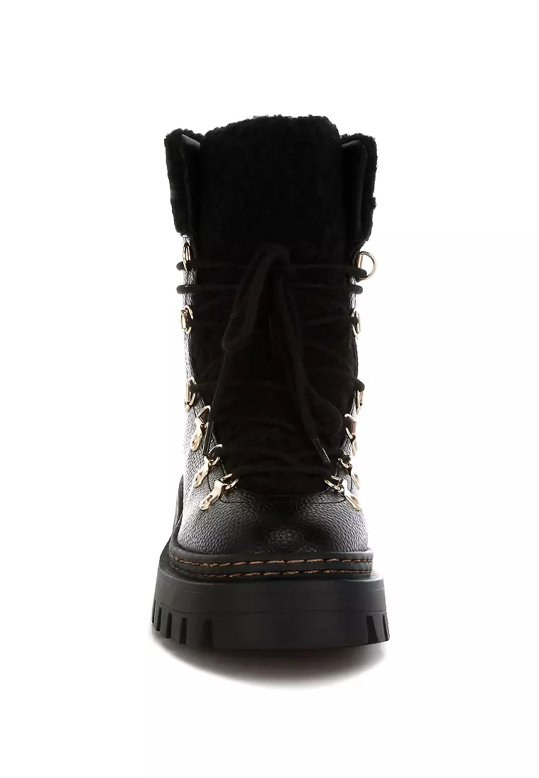 Fleece & Faux Leather Boots in Black