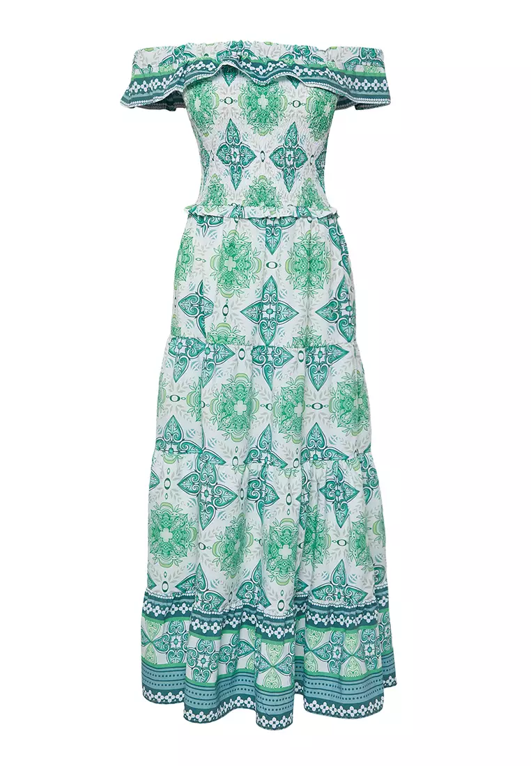 Green Floral A-Line Gipe Detail Maxi Woven Dress Twoss25El00195