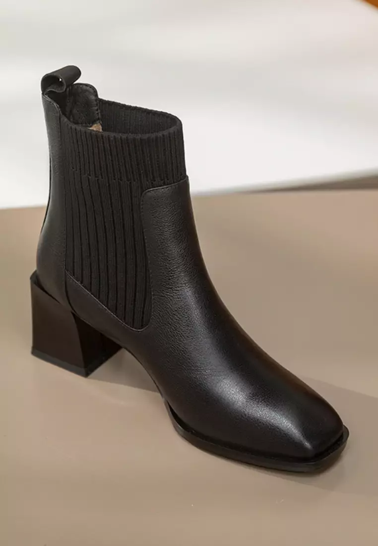 VANSA Fashionable Top Layer Cowhide Stretch Ankle Boots VSW-B06291288