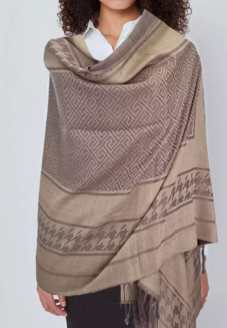 Houndstooth Pattern Viscose Pashmina Shawl Syal Wanita Golden Olive