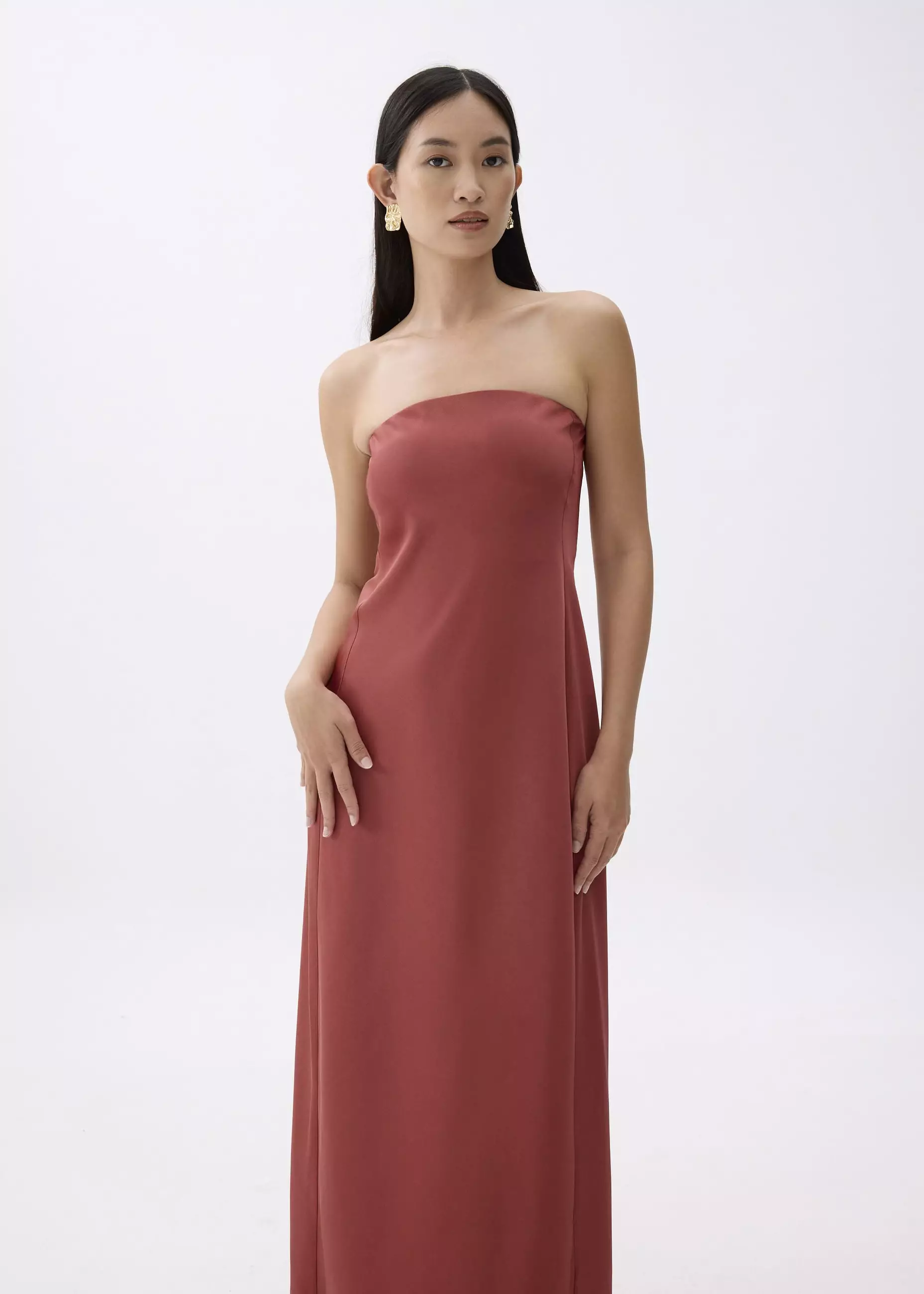 Dress Wanita - Padded Satin Tube Maxi Dress