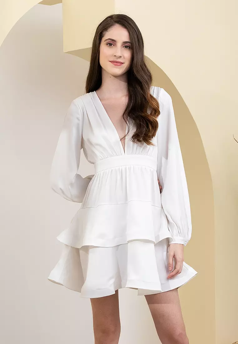 White ruffle dress long sleeve hot sale