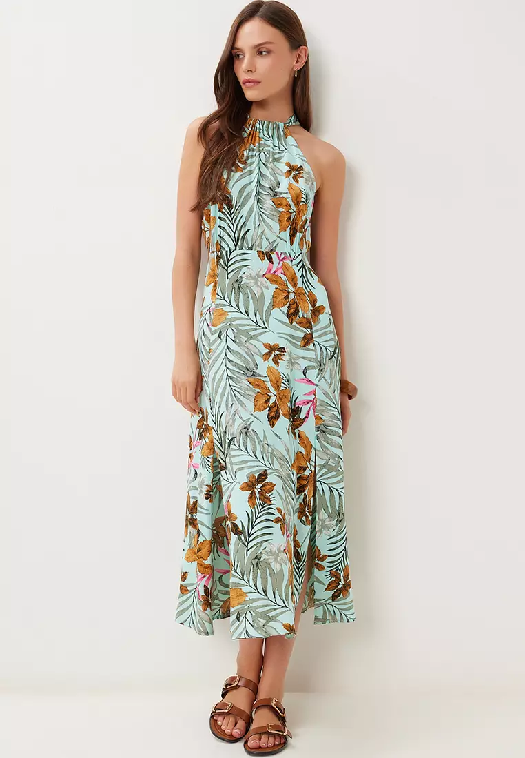 Women's Water Green Tan Halter Neck Patterned Midi Viscose Dress Fg00047