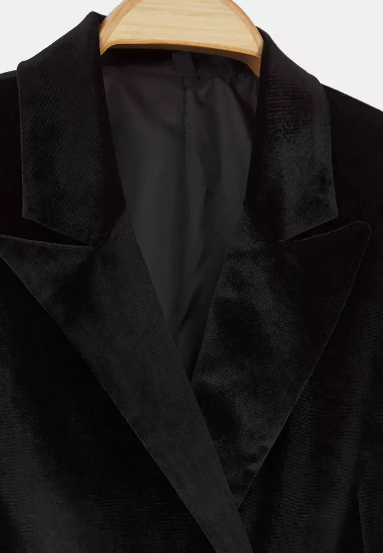 Black Double Breasted Woven Velvet Blazer Jacket Twoaw26Bc00015