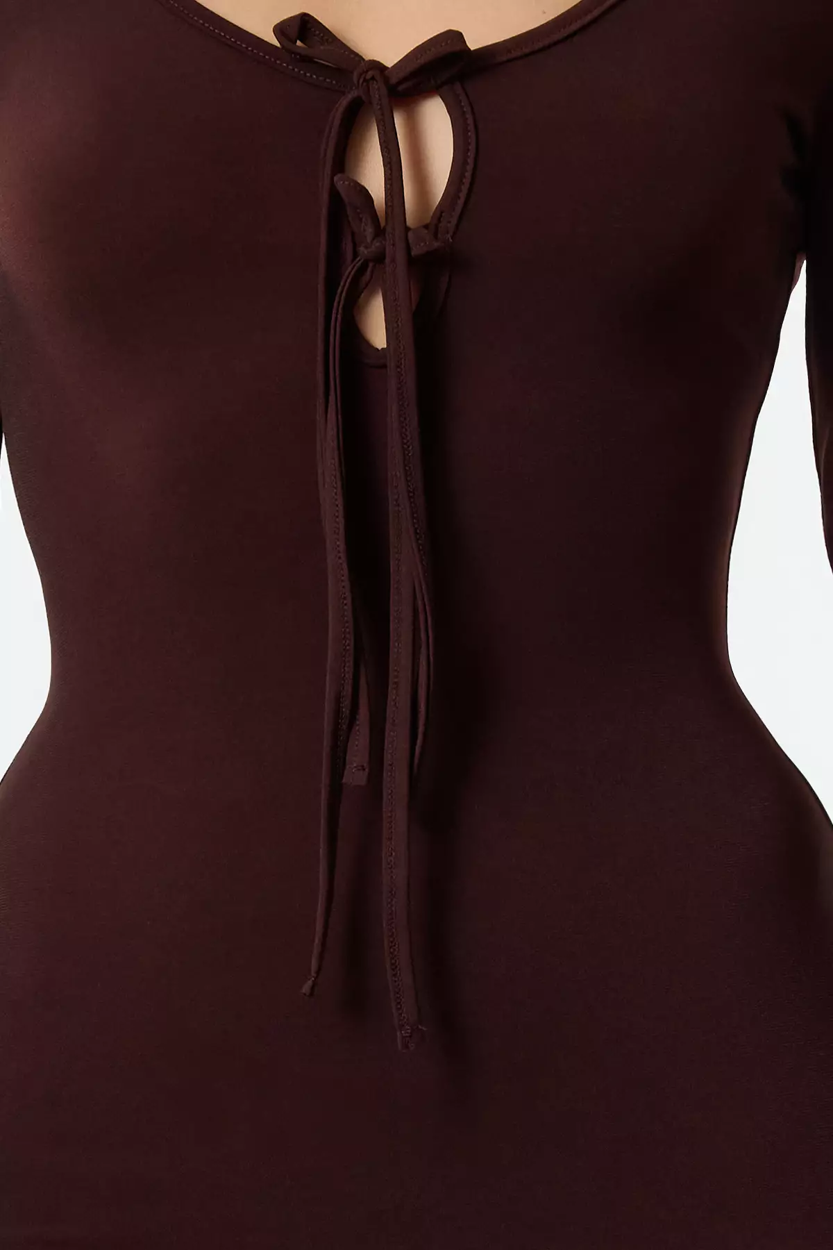 Brown Body-Styling With Chest Tie Detail Knitted Long Elegant Evening Dress