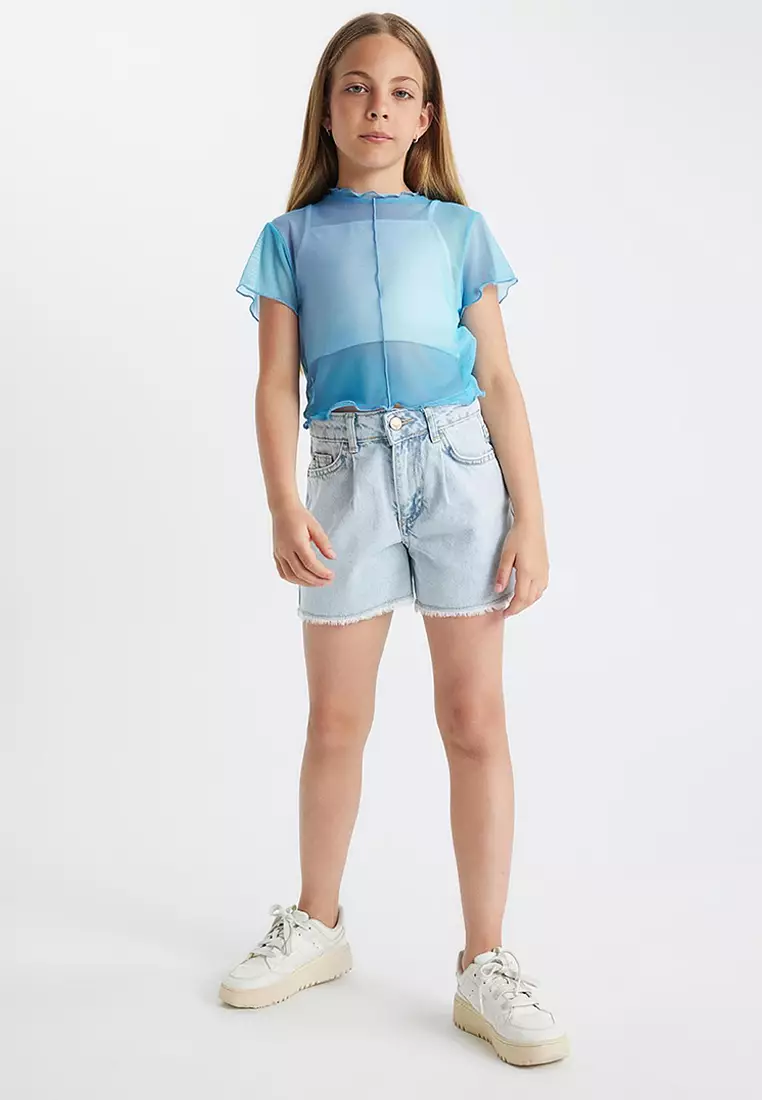 Crop Crew Neck Gradient Printed Tulle Short Sleeve T-Shirt Undershirt 2-Piece Set